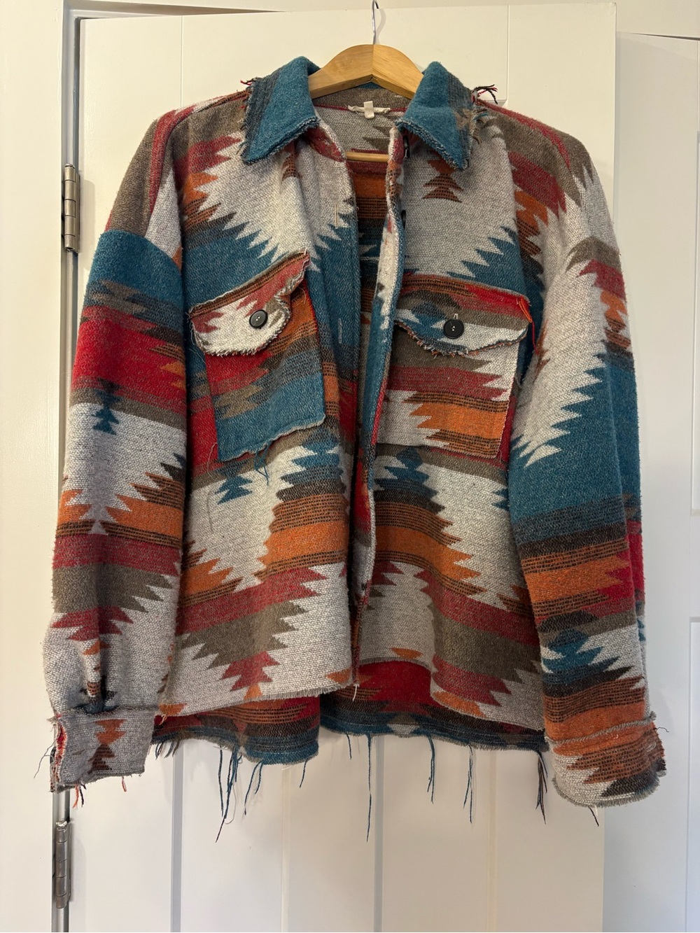 LA MIEL Multicolor Aztec Utility Shacket - Teal, Rust, Red, Cream